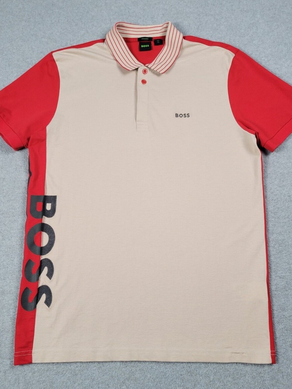 BOSS "Paddy 10" Color Block Big Logo Spell Out   Cotton Polo Shirt Mens SZ XL